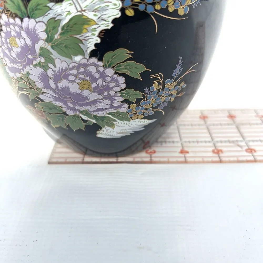 Japanese Double Handled Black Vase/Urn w/ Peacock/Cherry Blossoms 10.5